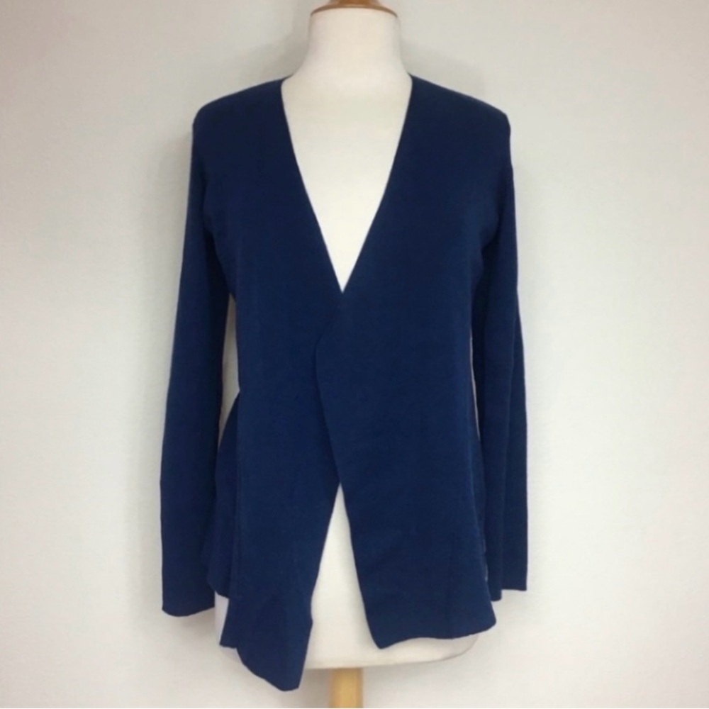 Eileen Fisher Women's Blue Ribbed Wool Waterfall Open Cardigan Sweater Size SP